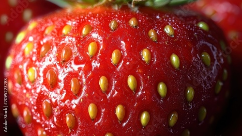 extreme close-up of a ripe glossy strawberry surface with yellow seeds and glistening red flesh, fresh and juicy and mouthwatering summer fruit texture