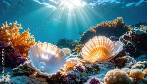 Underwater shot of radiant sunlight beaming through ocean, illuminating seashells