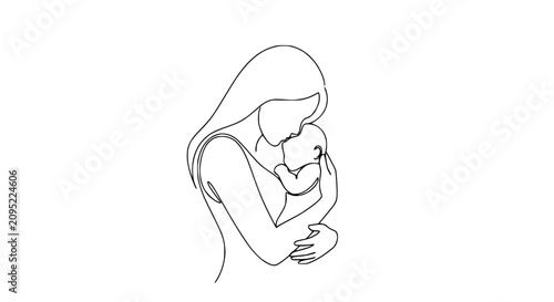 Schilderij op canvas Minimalist Line Art: Mother Holding Newborn Baby, Love and Connection