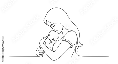 Foto Mother Holding Newborn Baby Line Art Simple Illustration