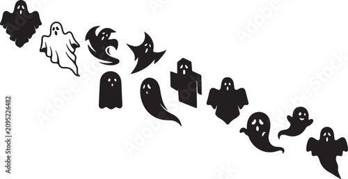 Fotografi Set of various black ghost icons and cute spooky spirit characters for Halloween