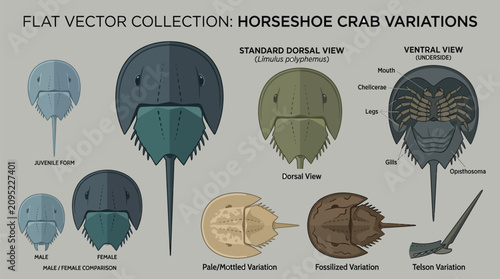 Obraz na płótnie Flat vector collection of horseshoe crab variations including dorsal and ventral