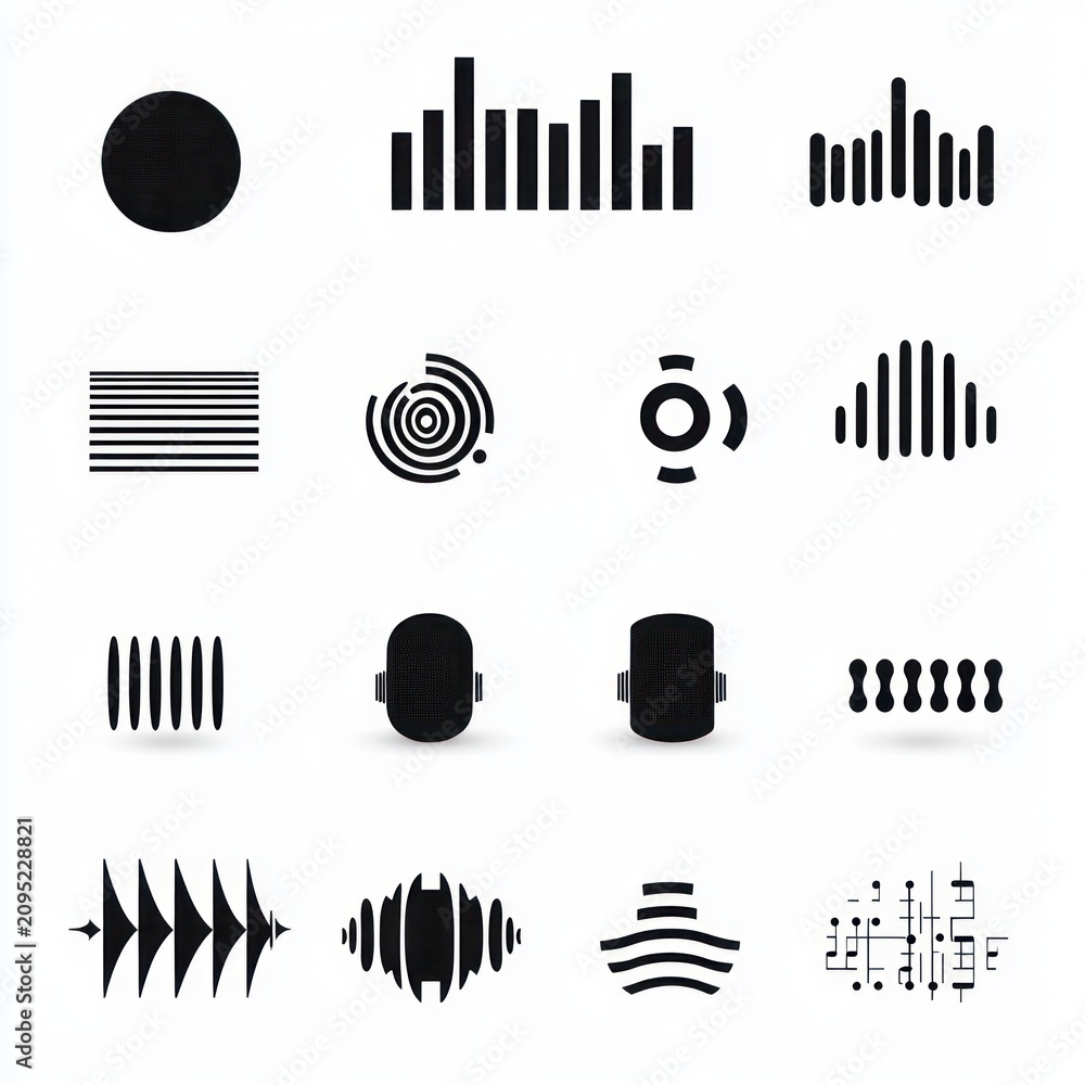Obraz premium Sixteen black abstract audio and geometric icons arranged in a four-by-four grid on a white background, minimal modern rhythm and techy graphic style