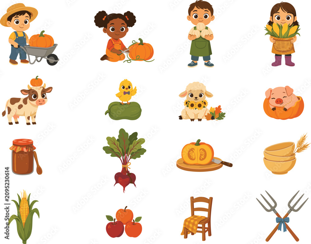 Obraz premium Cute Autumn Harvest and Farm Life Vector Icon Set Featuring Little Farmers Baby Animals Pumpkins Corn Apples and Autumn Vegetables for Thanksgiving Graphic Designs