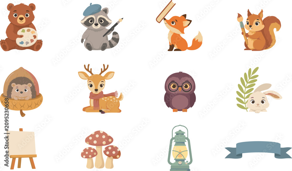 Obraz premium Cute Woodland School Animals Vector Icon Set with Smart Fox Owl and Artist Bear Raccoon Painting for Back to School Educational Graphic Designs