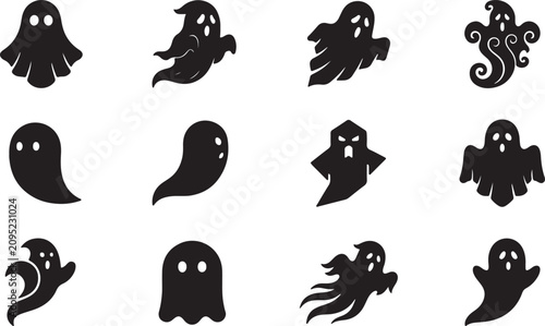 Fotografía Set of black ghost icons with various spooky shapes and funny faces for Hallowee