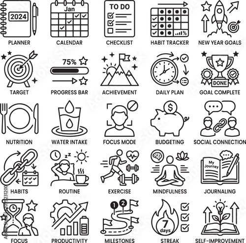 Принти на полотні Productivity and self-improvement line icons, set of 25 vector elements for 2024
