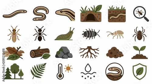 Tableau sur toile Diverse Insects and Nature Elements Flat Vector Icons.