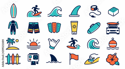 Photography Colorful flat design surfing and beach icons collection.