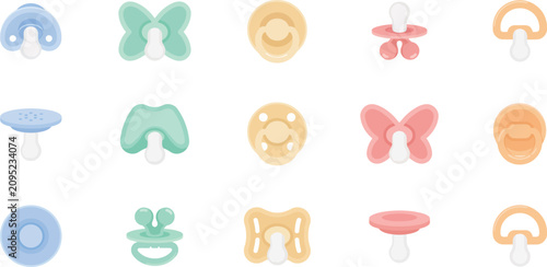 Cuadro en lienzo Premium set of baby pacifiers and soothing dummies in various shapes and soft pa