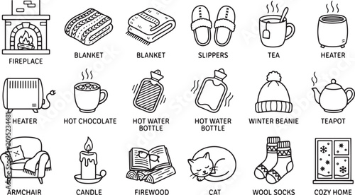 Canvastavla Hygge winter lifestyle icons set, cozy home line art collection with 18 vector e