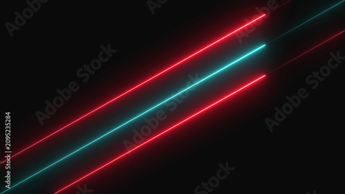 Fotografie Abstract glowing red and cyan diagonal neon light lines made of small dots on a