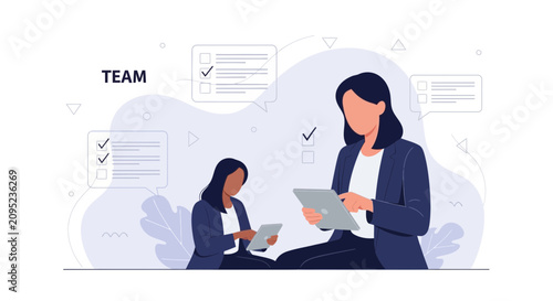 Diverse Business Team Collaborating Digitally with Tablets and Checklists in Modern Flat Illustration Style