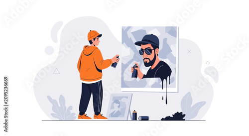 Graffiti artist creating street art portrait with spray paint cans, modern flat illustration style