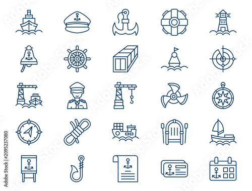 Commercial marine port outline collection presents detailed maritime transportation elements. Ocean cruise concept