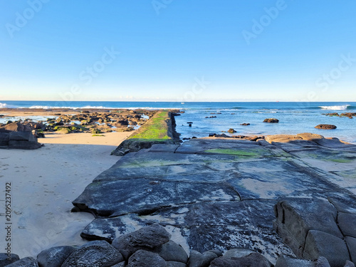 Concrete sea wall at Susan Gilmore Beach Newcastle New South Wales Australia. Taken at low tide with green algae exposed