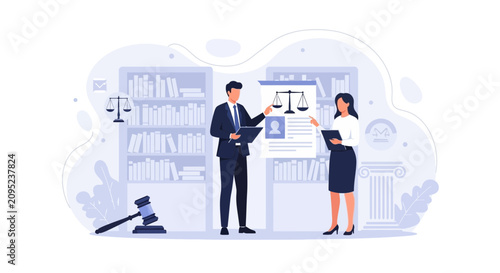 Lawyers in office discussing legal case with scales of justice and gavel