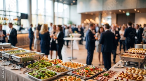 Business conference networking event with catering buffet and professionals in suits talking in a bright modern hall during a corporate seminar or company social gathering occasion