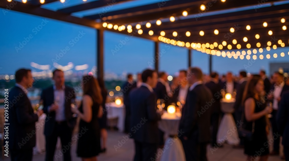 Fototapeta premium Business professionals at outdoor evening networking event with warm string lights and blurred city views creating sophisticated and inviting atmosphere for social mixer