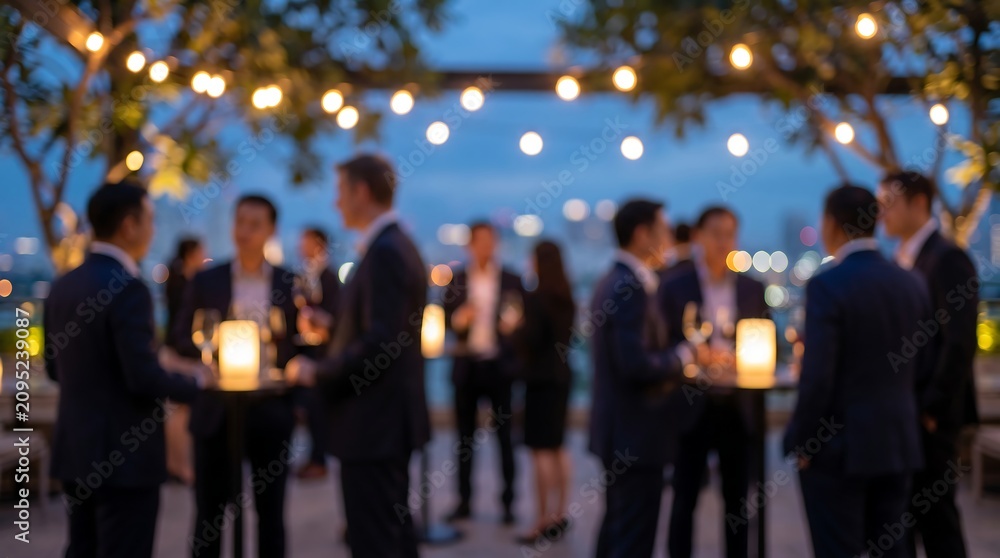 Fototapeta premium Business group networking on outdoor rooftop terrace at twilight with warm string lighting and blurred silhouettes of professionals against soft blue evening sky background