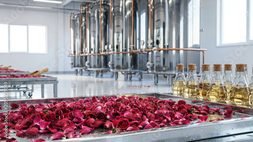 Extraction process of Rose of Damascus in modern distillery facility