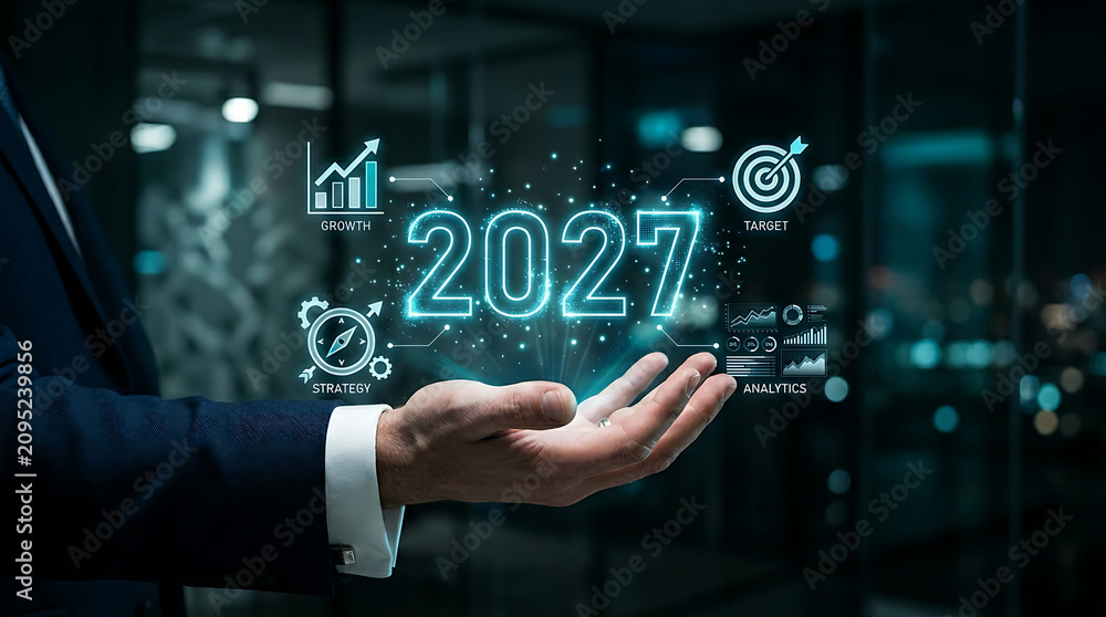 Fototapeta premium Businessman's hand holding glowing year 2027 with business growth icons during night office setting