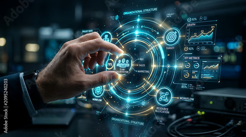 Businessman's hand interacting with glowing digital network diagram on futuristic interface