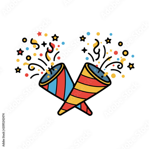 Colorful party poppers bursting with confetti and stars, a festive flat vector illustration for celebrations.