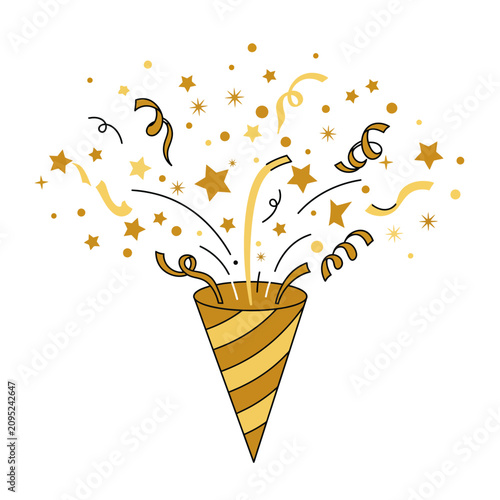 Golden party popper with confetti and stars isolated on white background