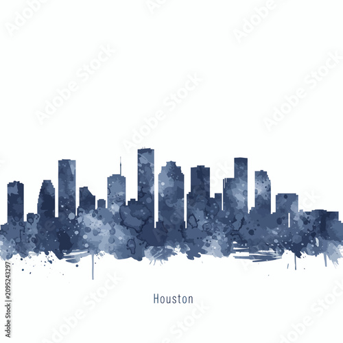 Houston city skyline silhouette in artistic blue watercolor style