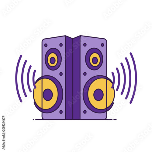 Two audio speakers playing loud music in a flat linear design style