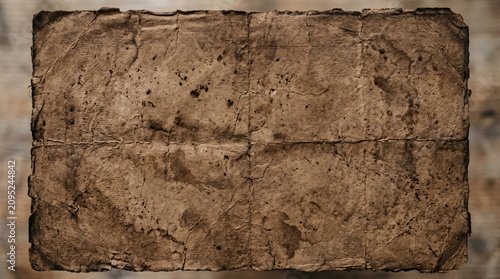 Antique blank brown crumpled parchment paper texture with dirt stains and folding crease lines.