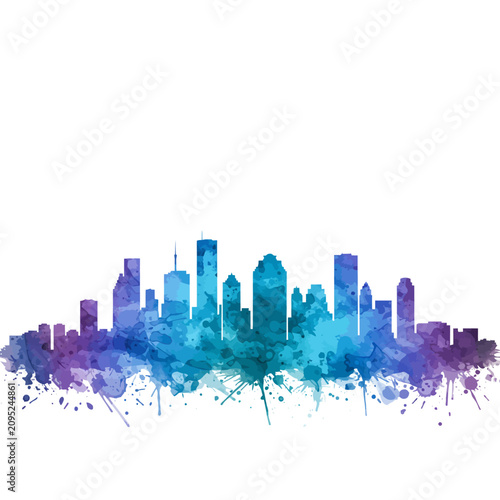 Vibrant watercolor city skyline silhouette with blue and purple paint splashes