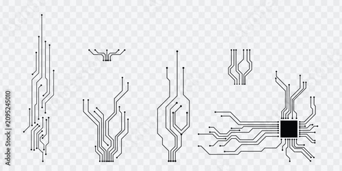 Circuit board elements set with microchip and PCB line icons isolated on transparent background