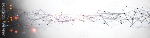flowing abstract network of interconnected nodes and lines with glowing orange and blue particles conveying dynamic futuristic connectivity