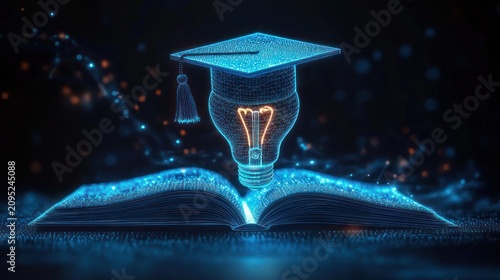 glowing digital light bulb wearing a graduation cap hovering above an open book with neon particles, symbolizing inspired learning and innovation