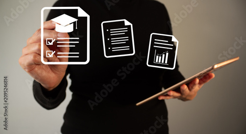 Hand holds tablet with floating document icons. Person shows educational materials in simple graphic style. Icons represent certificates, reports, and graphs