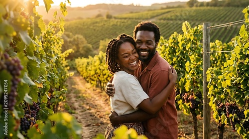Happy couple hugging in a lush vineyard at sunset