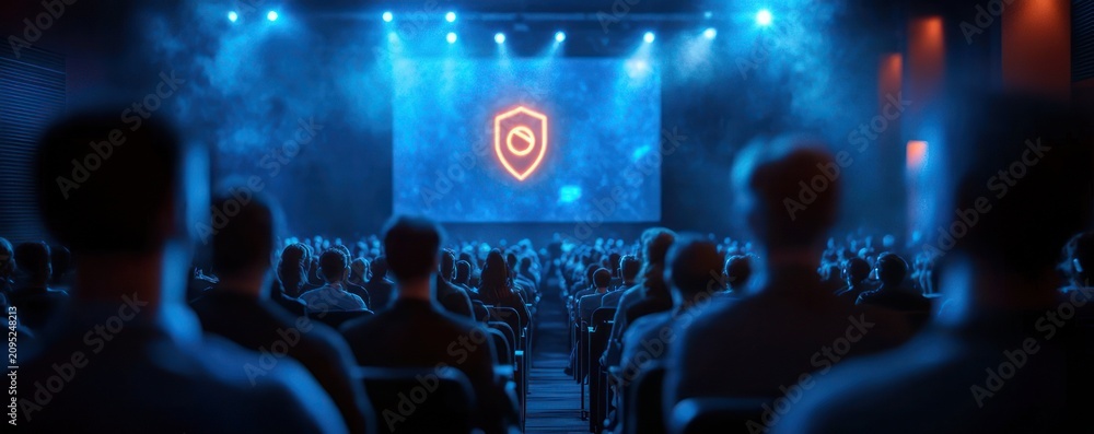 Obraz premium audience of seated attendees watching an illuminated stage and large screen displaying a shield icon with blue lights and fog, focused anticipation and engagement