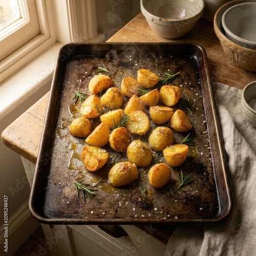Rustic Roasted Potatoes with Fresh Rosemary and Sea Salt on Vintage Baking Tray, Home Cooking and Healthy Eating Concept for Social Media Ad and Vertical Story