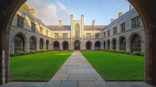 Sunlit historic stone quadrangle with arched colonnades, central paved path and green lawn, a serene academic courtyard in warm golden light