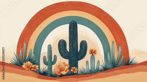 stylized desert scene with a tall central cactus, smaller cacti and succulents, orange blooms and a layered warm rainbow arch conveying a serene whimsical mood