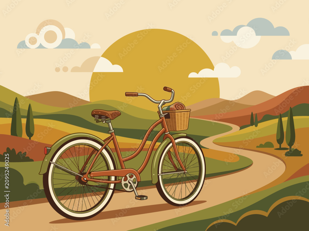 Fototapeta premium A bicycle is parked on a winding road through rolling hills and trees at sunset