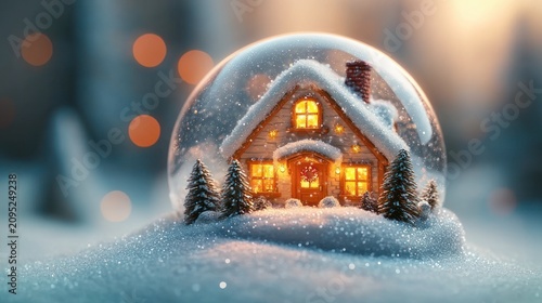 Cozy miniature snow globe with glowing wooden cabin, snow-covered roof, tiny pine trees and falling snow, warm lights and soft bokeh evoking peaceful winter magic