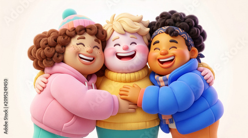 Multigenerational Friends Enjoying Warm Embrace in Vibrant Illustration for Inclusive Community Stock