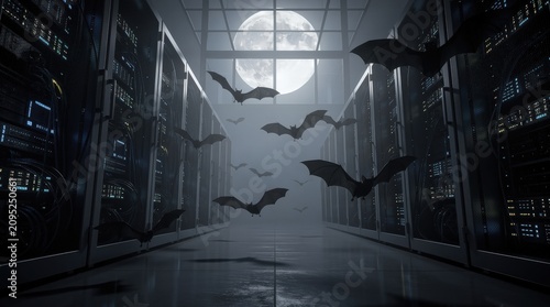 Bats flying inside a dimly lit server room under a full moon visible through a glass ceiling.