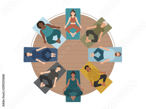 фотографія Flat vector illustration of an inclusive body positive yoga class in a restorative recline pose, promoting relaxation, self acceptance, diversity, and holistic wellness