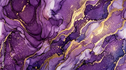 Beautiful purple and gold liquid marble texture abstract background featuring flowing ink and shiny metallic waves.