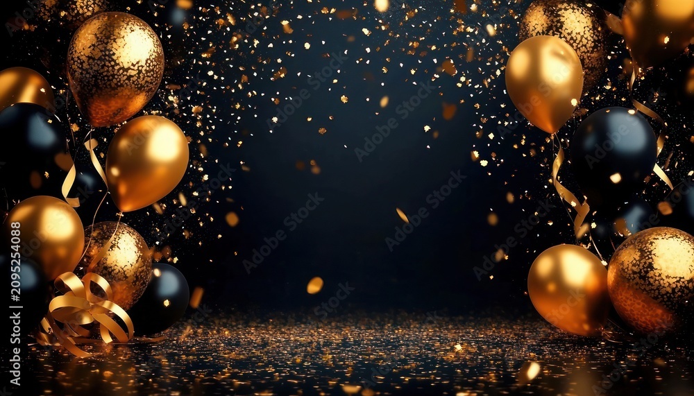 Obraz premium black and gold celebration scene with balloons, glittering confetti and curling ribbons conveying festive excitement