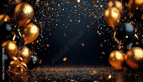 black and gold celebration scene with balloons, glittering confetti and curling ribbons conveying festive excitement
